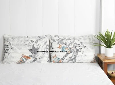 Indian Owl Print Kantha Cushion Pillow Kantha Covers Throw Decor 20x28" White - Image 1 of 3