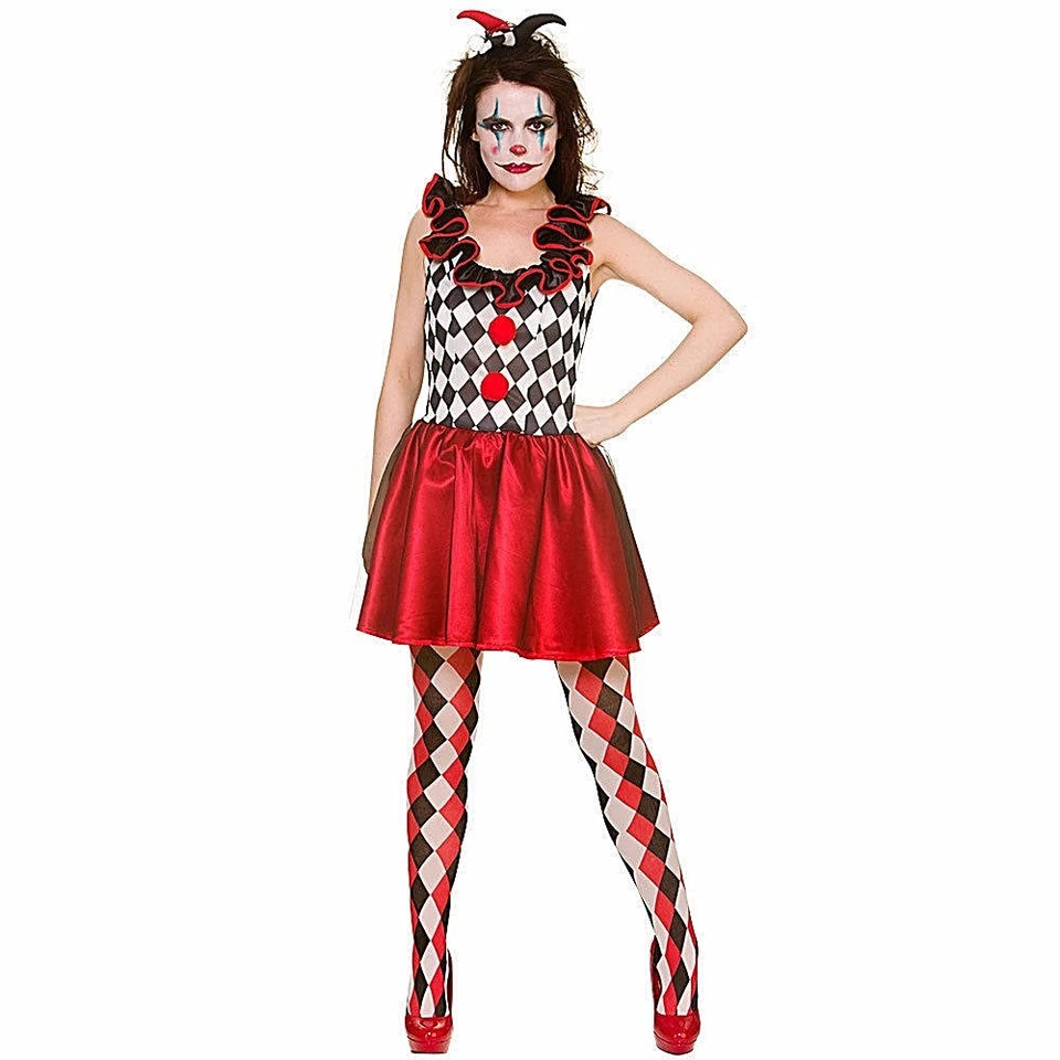 WICKED Damen Deluxe Harlekin Narr Halloween Horror Clown Kostüm UK6-20