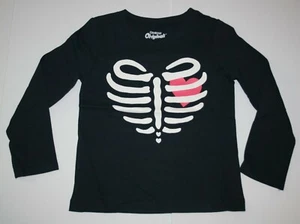 New OshKosh Girls 5T Top Black w Skeleton Bones Pink Heart Graphic Tee Halloween - Picture 1 of 2