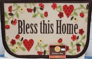 PRINTED NYLON KITCHEN RUG(16"x24")MULTICOLOR FLOWERS & HEARTS,BLESS THIS HOME,KE