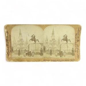 1902 Keystone Stereoview People at Jackson Monument St Louis Cath New Orleans LA - Picture 1 of 3