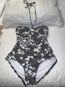 Michael Kors Black/white Floral  One Piece Bathing Suit Sz-6 Halter Neck Tie - Picture 1 of 23