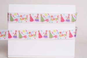 HAPPY BIRTHDAY WHITE 7/8" Grosgrain Ribbon 1,3,5,10 Yards SHIP FROM USA - Picture 1 of 1