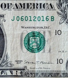 2017 $1 bill fancy serial, 10th birthday date note June 01, 2016. J 06012016 B - Picture 1 of 3