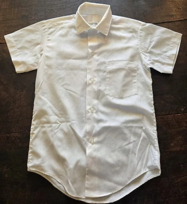 CAMISA VESTIDO masculina vintage década de 1970 colarinho branco botão para baixo manga curta, tamanho 10 - Imagem 1 de 4