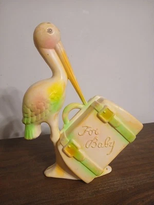 Vintage Stork Still Bank "For Baby" On Suitcase Hard Plastic MCM No Stopper - Image 1 of 4