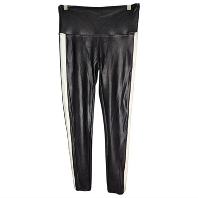 Spanx 女式黑色人造皮革白色侧条纹压缩打底裤 L — 第 1/4 张图片