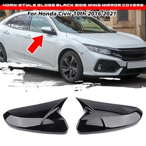 For Honda Civic 10th 2016-2021 Pair Horn-Style Black Side Wing Mirror Covers - Picture 1 of 4