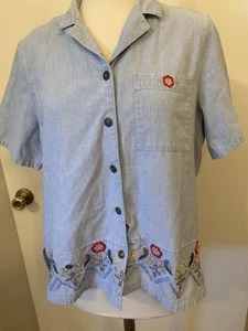 Alfred Dunner Blouse Women's Size 12 Blue Embroidered Button Down Floral - Picture 1 of 7