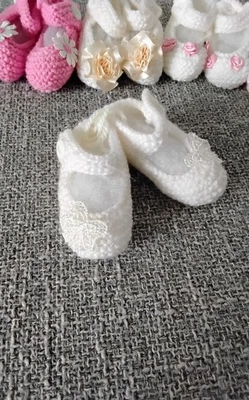 Hand Knitted Mary Jane Ivory with Lace Butterfly Shoes - Image 1 of 2