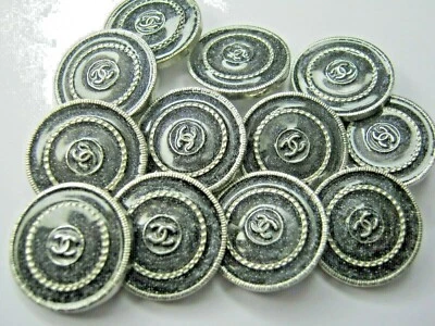 CHANEL 12 SILVER METAL SPARKLE blue GRAY BUTTON CC LOGO 14 MM small  LOT twelve - Image 1 of 3