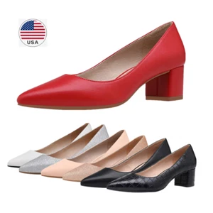 Women Low Chunky Block Pointed Toe Comfort Dress Wedding Slip on Pump Shoes - Picture 1 of 47