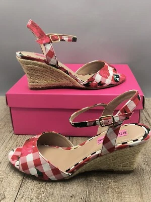 Betsey Johnson Athena Wedge Sandal Strap Size 7.5 Red Gingham Check Floral Rope - Image 1 of 4