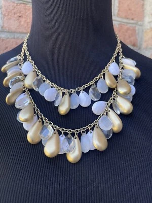 Двойная прядь нагрудник подвеской ожерелье слезоточивый падение белое прозрачное золото 17 «- 20» Cha Cha - Изображение 1 из 4