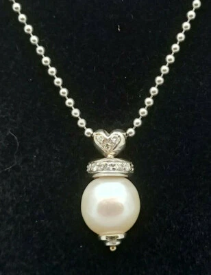 Collana Con Perla Y Diamantes En Oro Blanco 18 CT 750 Hecho En Italia - Imagen 1 de 4