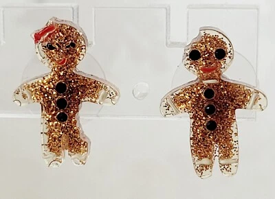 Betsey Johnson Brown Glitter Gingerbread Girl Boy Bitten Stud Christmas Earrings - Image 1 of 4