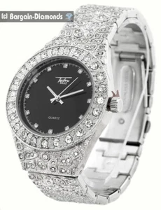 Mens 43 mm Silver Nugget CZ Clubbing Watch/Case Black Dial 8" Bracelet - Picture 1 of 14