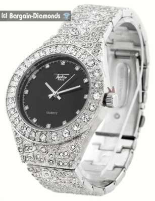 Reloj/estuche para hombre 43 mm plata pepita circonita cúbica esfera negra pulsera de 8" Foto 1 de 4