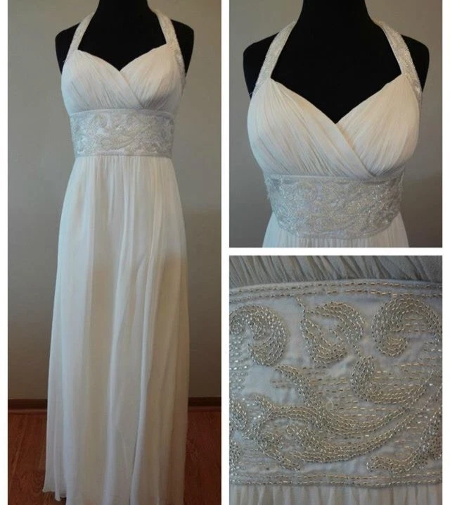 Vestido halter blanco de gasa cintura imperio con cuentas talla 4 Foto 1 de 1