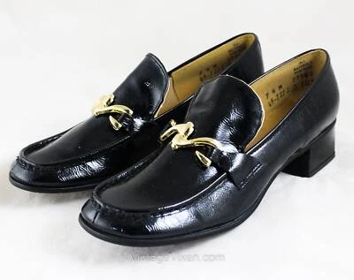 Size 7.5 Black Loafers - Unworn 1960s Glossy Patent Leather Style Shoe - NIB - Image 1 of 4