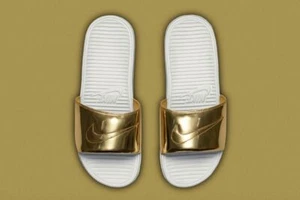 NIKE SOLARSOFT BENASSI SP LIQUID GOLD SLIDES UK9 US10 EU44 V RARE DS 696116-770 - Picture 1 of 10