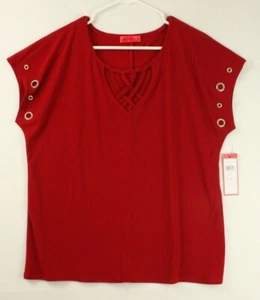 Love Scarlett Sz XL Criss Cross Front Short Sleeve Embellished Grommets Top Red - Picture 1 of 11