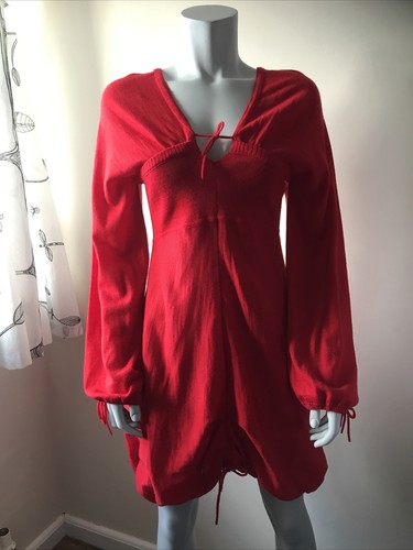 VALENTINO Abito rosso raccolto manica a palloncino maglia orlo a bolla e cravatte taglia XS S nuovo senza etichette