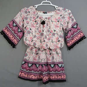 MY MICHELLE GIRLS SIZE LARGE FLORAL GIRLS SHORT ROMPERS WITH POMPOMS  - Picture 1 of 11