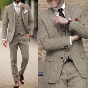 Men's Single Breasted Suit Herringbone Wool Blend Business Casual Blazer Custom - Picture 1 of 15