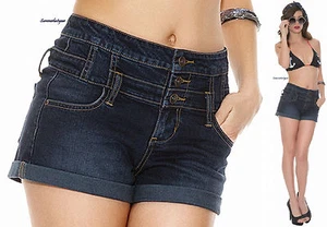 PANTALONES CORTOS CON PUÑOS DE CINTURA ALTA DE TRES BOTONES DE ""LOVESICK"" ELIGE ÍNDIGO O NEGRO - Imagen 1 de 11