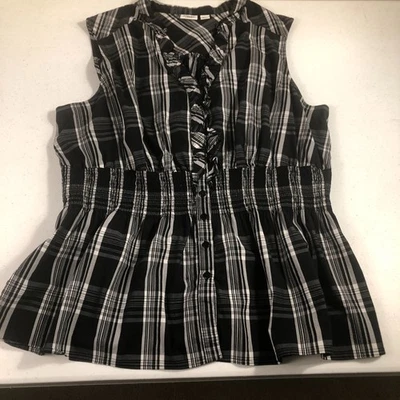 Blusa para mujer Cato 22/24W sin mangas negra blanca a cuadros con botones retro occidental Foto 1 de 4