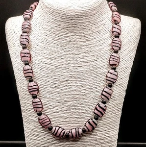 Pale Dusky Pink Black Humbug Necklace Glass Stripe Chunky Statement Bohemian - Picture 1 of 12