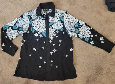 Bob Mackie носимый искусства цветочный гортензии кнопка блузка шелк верхний черный синий маленький - Изображение 1 из 4