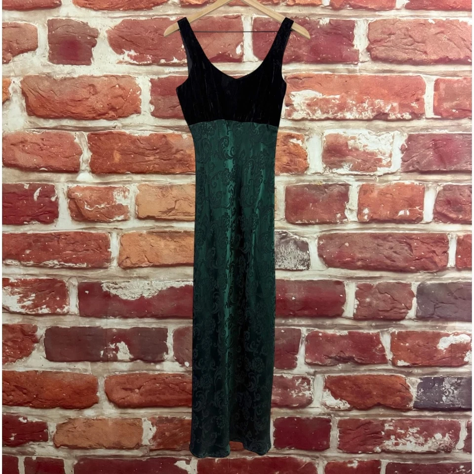 Vintage Rampage R Wear Dress Juniors 7 Black Green Velvet Brocade Maxi 90s Night - Image 1 of 4