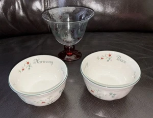Pfaltzgraff Winterberry Pedestal & 2 Sentiment Dessert Bowl PEACE JOY HARMONY - Picture 1 of 5