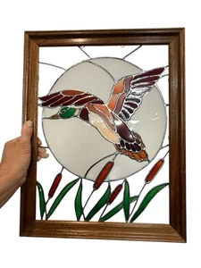 Vintage Leaded Slag Stained Glass Mallard Duck Window Panel Solid Oak Frame 18" - Picture 1 of 12