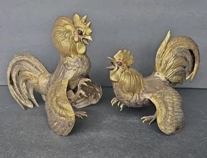 Brass Pair Fighting Rooster Cocks Red Glass Eyes - Picture 1 of 15