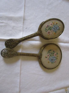 GORGEOUS PETIT POINT & FILIGREE BRASS BRUSH & MIRROR SET - Picture 1 of 11