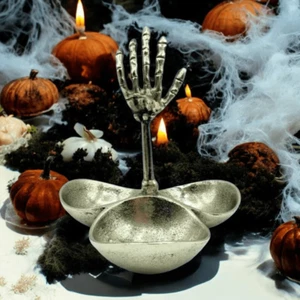 Skeleton Hand 3 Divided Bowls Halloween Gothic Decor Cast Metal Skull Console - Picture 1 of 10