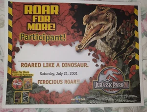 RARE JURASSIC PARK PROMOTIONAL CERTIFICATE 2001 "Roar For More" (8"x10") - Picture 1 of 1