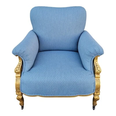 19th Century French Berger Chair - Gold Leaf Frame, Newly Upholstered in Blue - Image 1 of 4