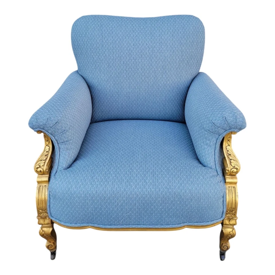 Cadeira Berger Francesa do Século XIX - Moldura de Folha Dourada, Recém Estofada em Azul - Imagem 1 de 4