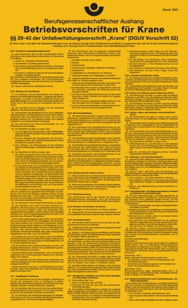 KÖNIG WERBEANLAGEN Aushang BetriebsVorschr.en für Krane gem. DGUV Vorschr. 52 275x450mm Aufkleber
