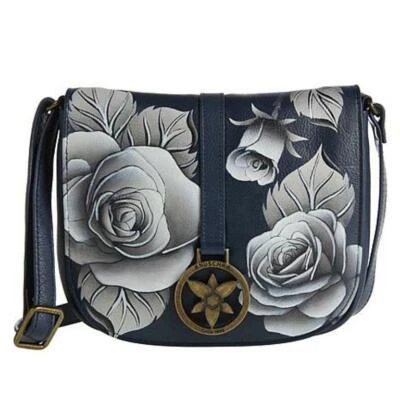 Bandolera Anuschka de cuero pintada a mano en rosas románticas azul marino nueva con etiquetas Foto 1 de 4