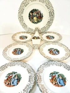 22k Courting couple Warranted Cake Server & Plates 8pc 10" & 6" - Picture 1 of 10