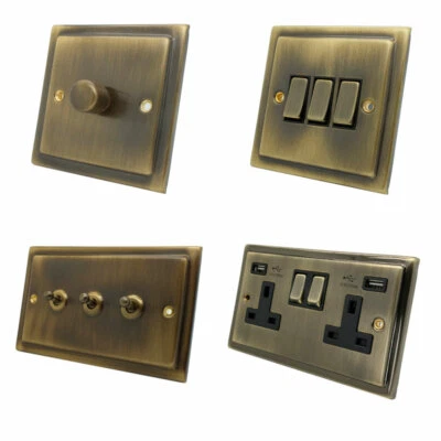 Victorian Step Edge Antique Brass Plug Sockets Light Switches Dimmers Full Range - Image 1 of 4