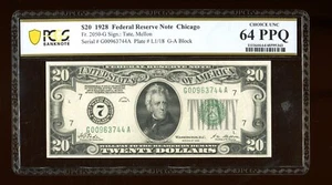 DBR 1928 $20 FRN Chicago Numeral Fr. 2050-G PCGS-B 64 PPQ Serial G00963744A - Picture 1 of 2