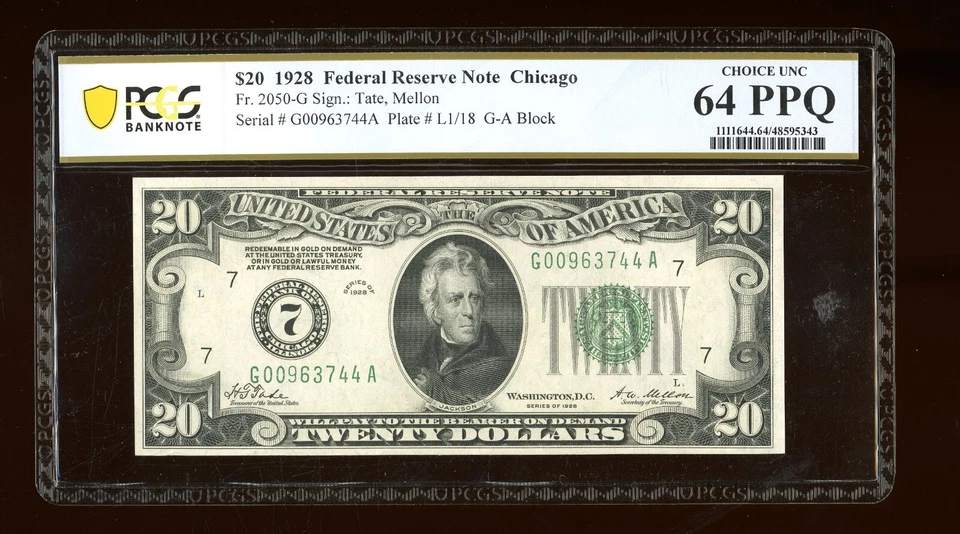 DBR 1928 $20 FRN Chicago Numeral Fr. 2050-G PCGS-B 64 PPQ Serial G00963744A - Image 1 of 2