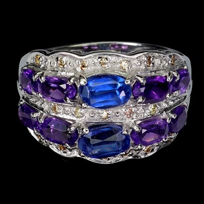 925 Anello Argento Sterling Ovale Cianite 6x4mm Ametista Zaffiro Gemma Misura - Immagine 1 di 4