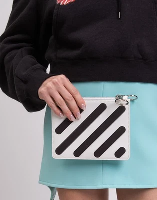 RRP€900 OFF-WHITE Leather Double Clutch Bag Printed Zip Closure Made in Italy - Image 1 of 4